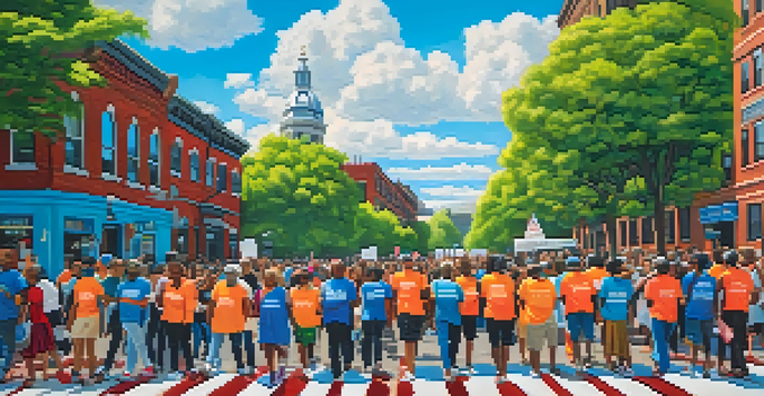 A diverse group of people marching in Boston for social justice, holding colorful banners with messages of equality, against a backdrop of historic buildings and greenery.