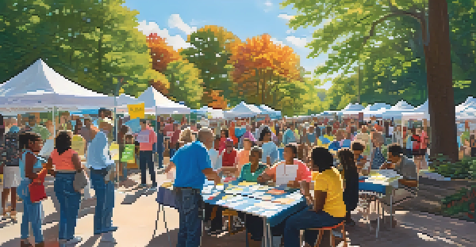 A lively community event in Massachusetts where diverse individuals are discussing voting rights, surrounded by colorful banners and booths under sunlight.