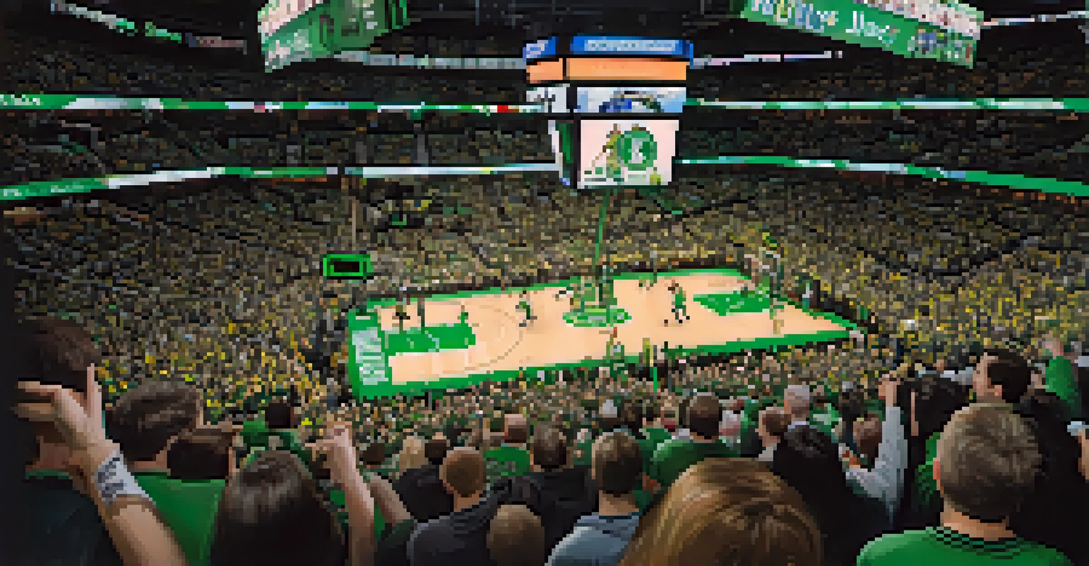 Boston Celtics players in action at TD Garden with enthusiastic fans in the stands.