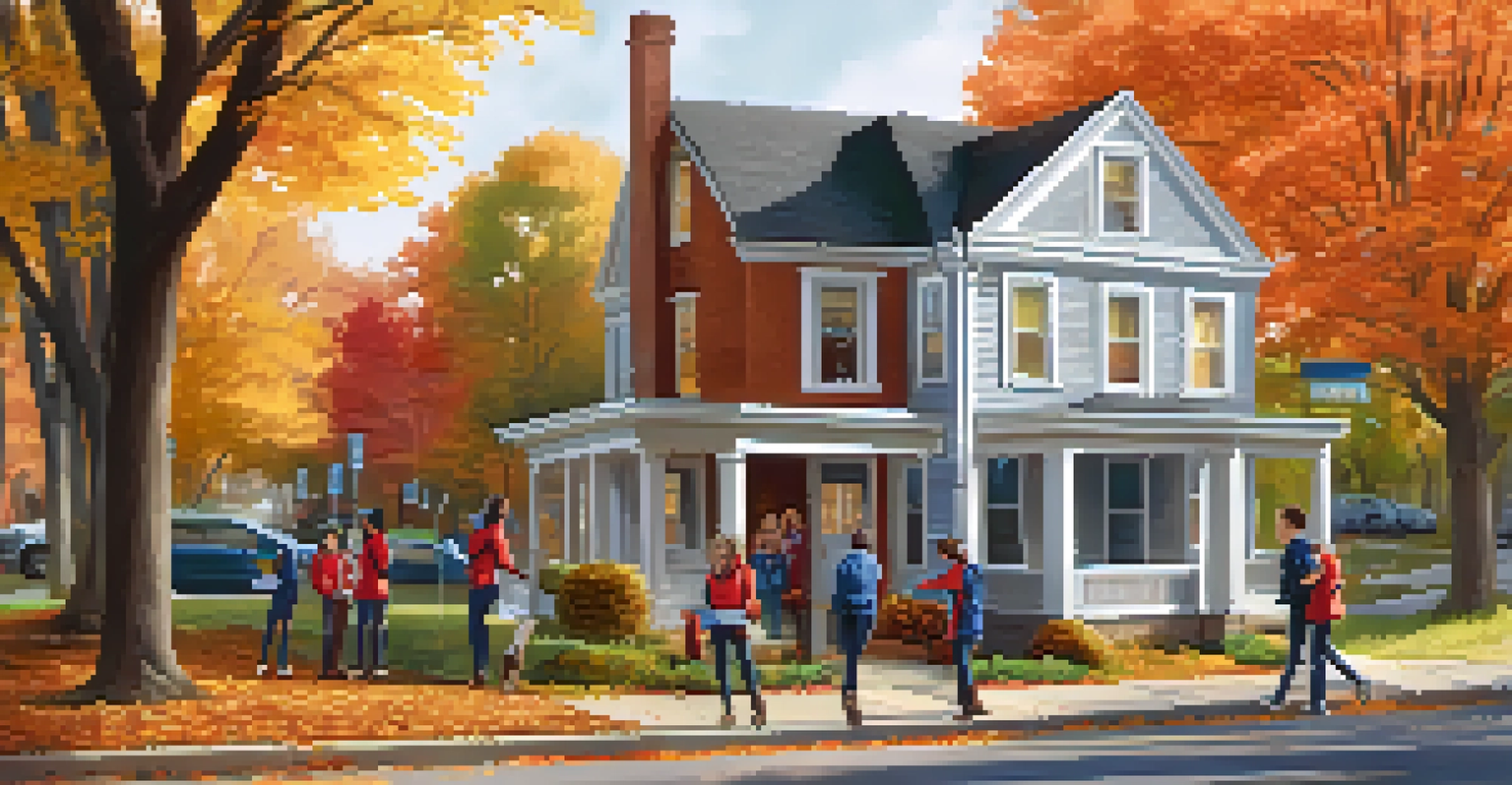 Young volunteers canvassing in a neighborhood, interacting with residents about local candidates while surrounded by autumn leaves.