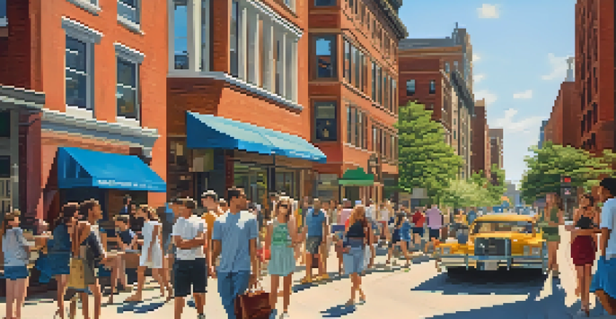 A busy street in Boston with diverse people interacting, historic buildings, and modern skyscrapers under a sunny sky.