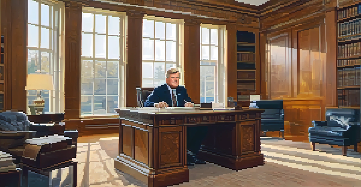 A historical portrait of Ted Kennedy in his Senate office, with warm natural light illuminating the space.