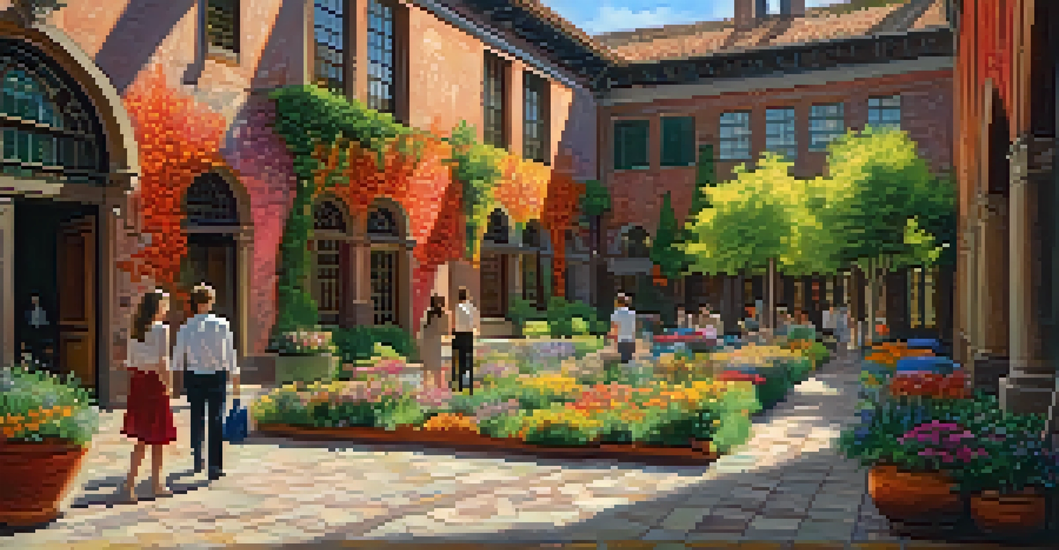 The courtyard of the Isabella Stewart Gardner Museum, adorned with seasonal flowers and surrounded by stunning architecture.