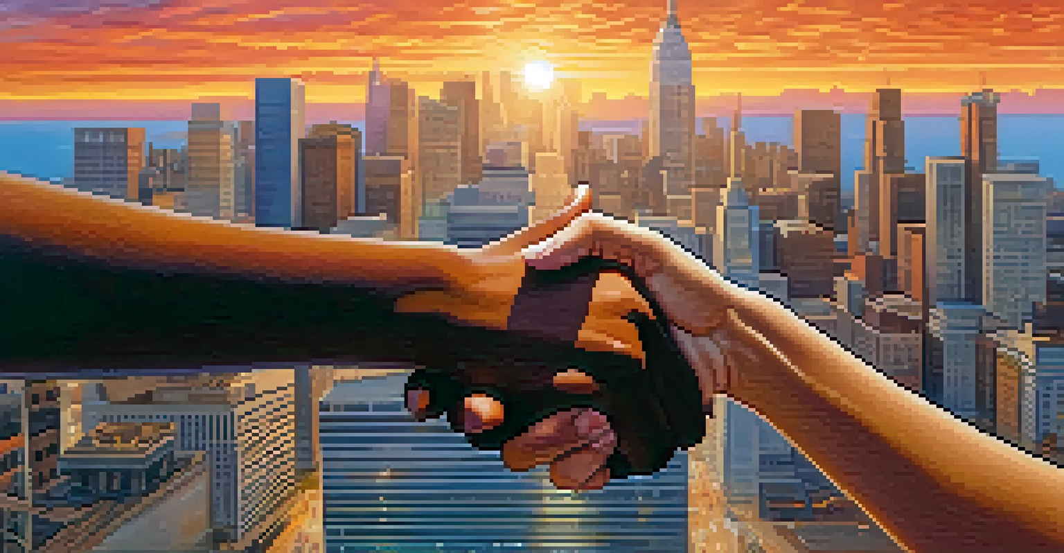 Close-up of diverse hands clasped together against a city skyline during sunset, symbolizing unity and collaboration.