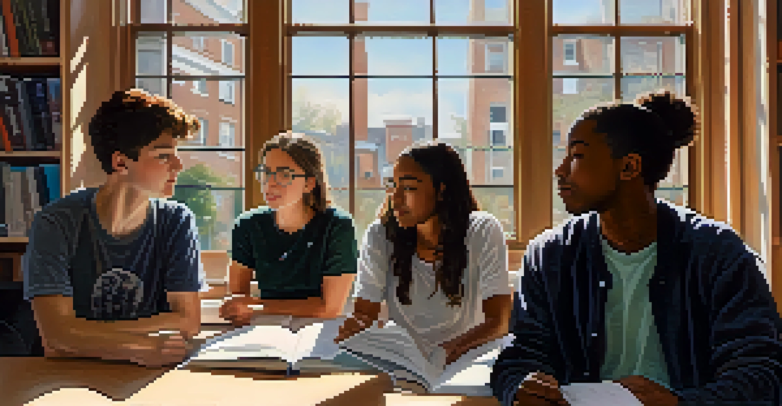 A close-up of university students discussing social justice in a bright study room filled with books and sunlight.