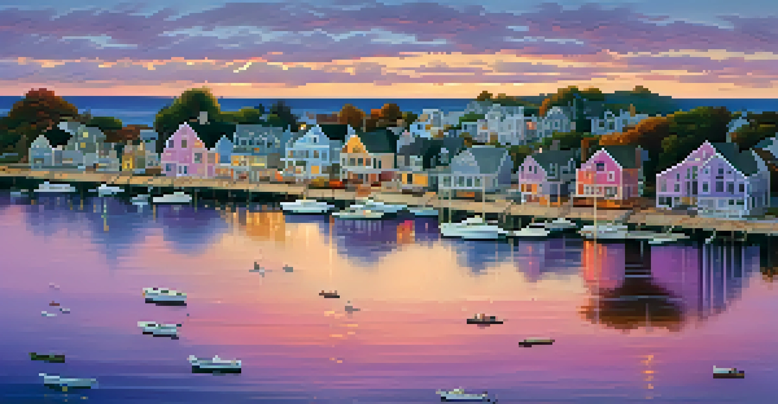 Aerial view of a coastal town in Massachusetts at sunset, with boats in the harbor and colorful houses along the shore.