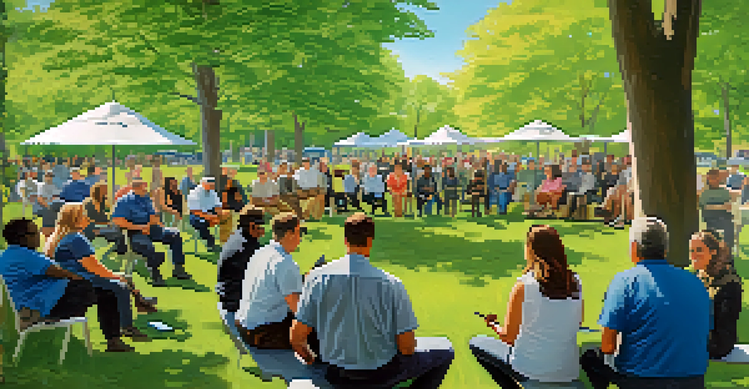 A community meeting for MBTA services in a park, with engaged riders and officials.