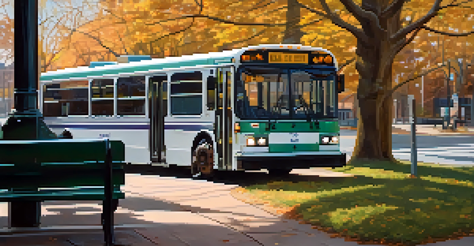 An empty MBTA bus at a deserted stop, showcasing health and safety signs.