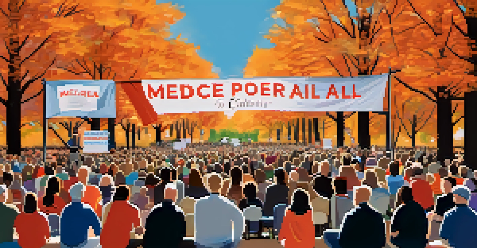 An outdoor rally in Cambridge with a diverse crowd holding signs for Medicare for All, surrounded by trees and a clear sky.