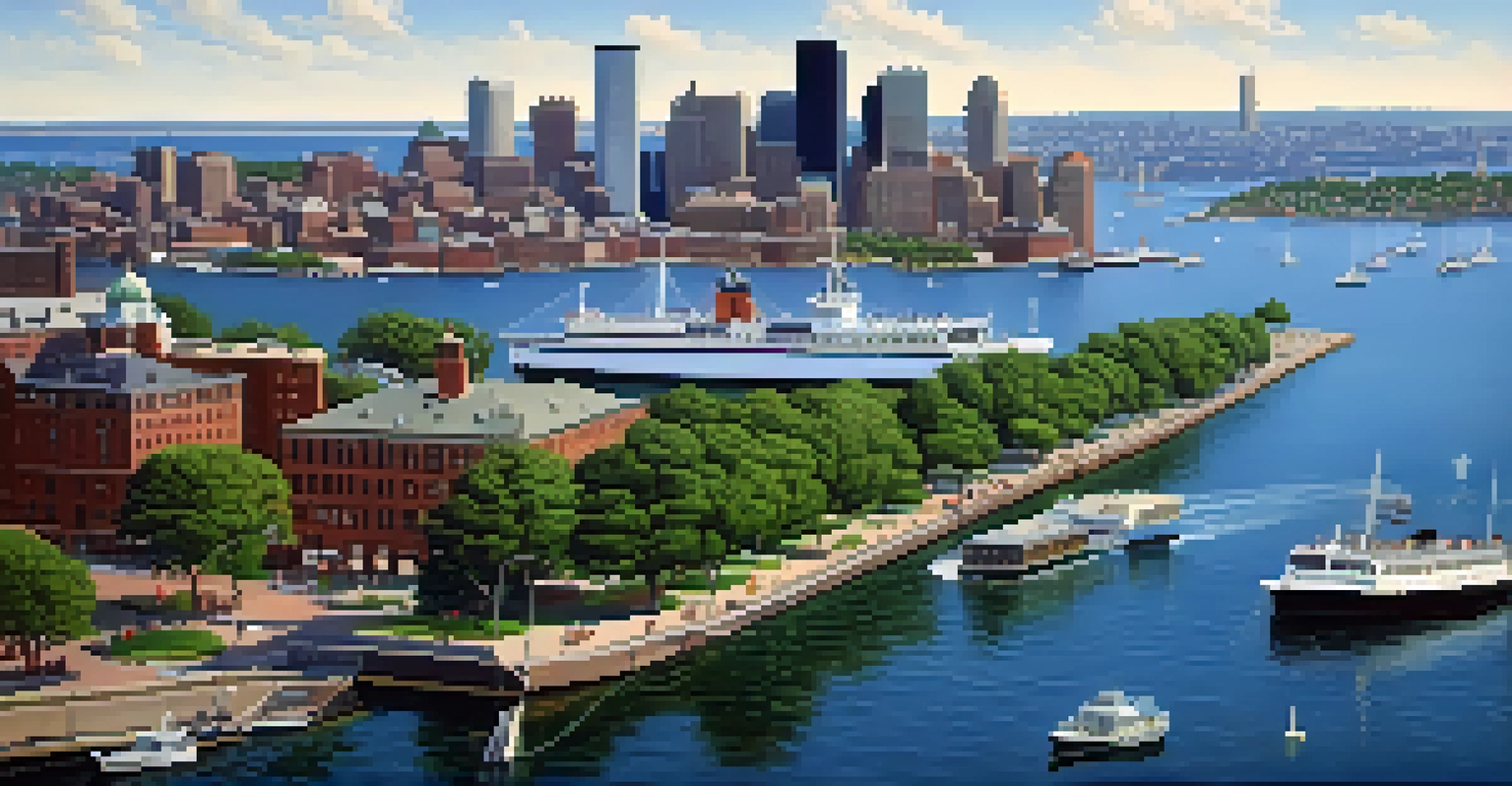 A ferry crossing Boston Harbor with the Boston skyline in the background, showcasing a vibrant waterfront scene.