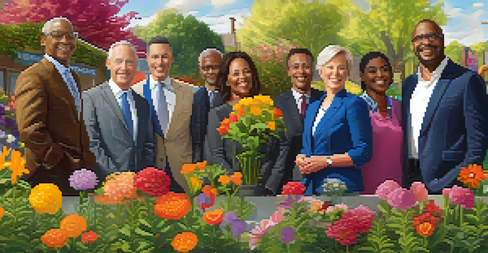 A diverse group of progressive politicians standing together in a community garden, smiling and engaging in conversation.