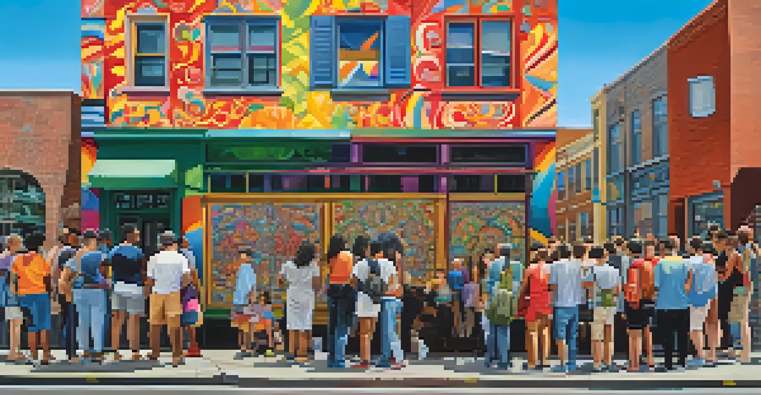 A vibrant mural celebrating LGBTQ+ pride on a city street, with people admiring the artwork under a clear blue sky.