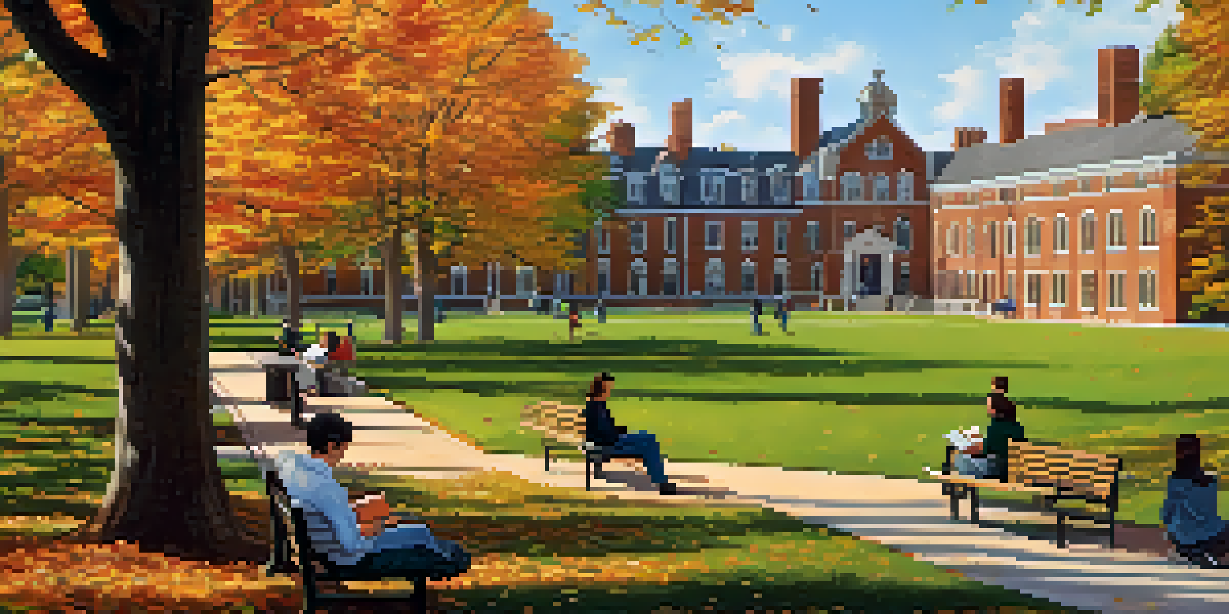 A scenic university campus in Massachusetts with historic buildings, green lawns, and students discussing on benches.