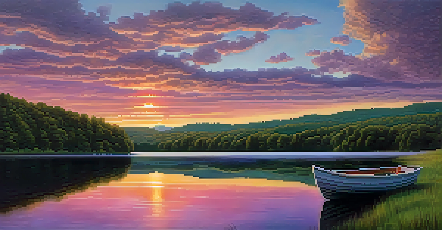 A stunning sunset over the Berkshires with colorful skies, rolling hills, and a peaceful lake.
