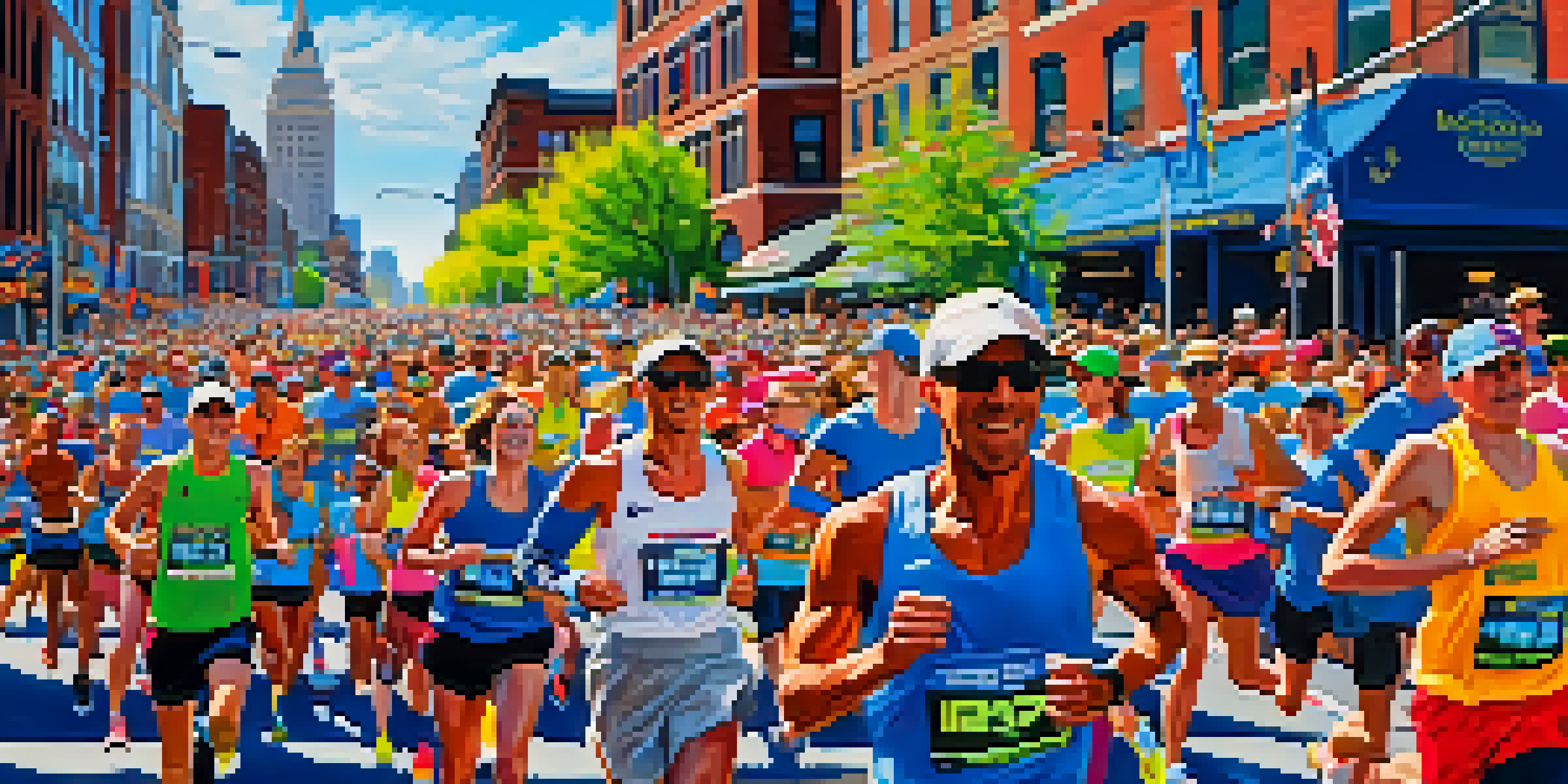 Runners crossing the finish line at the Boston Marathon with cheering spectators and the Boston skyline in the background.