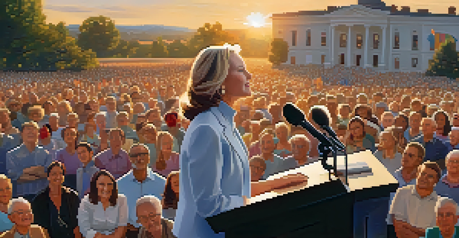 A woman politician speaking passionately at a community event with an audience in the foreground during golden hour.