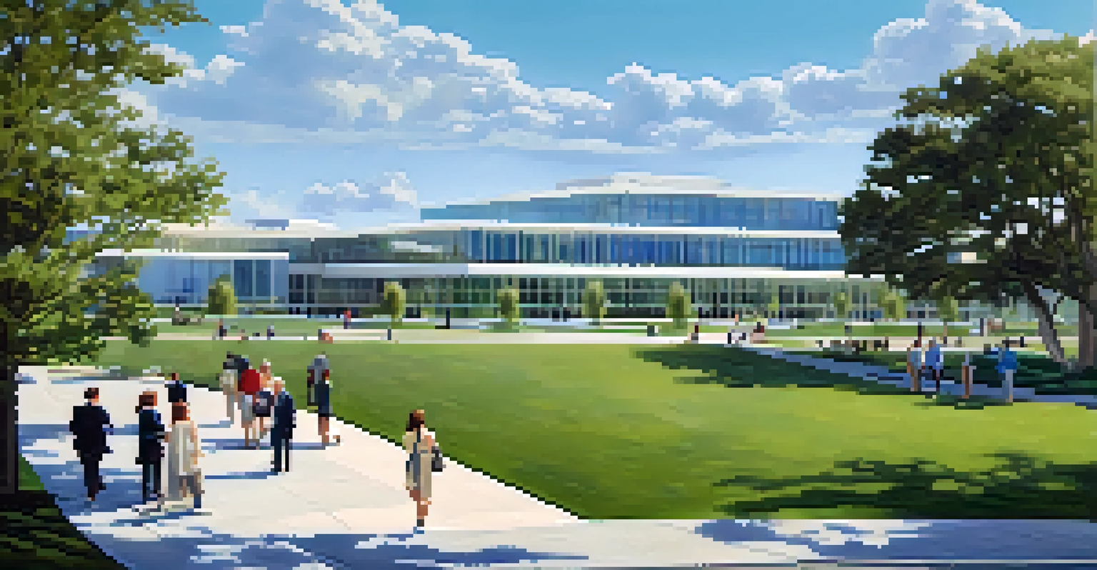 The Edward M. Kennedy Institute with modern architecture and people discussing outside in a green setting.