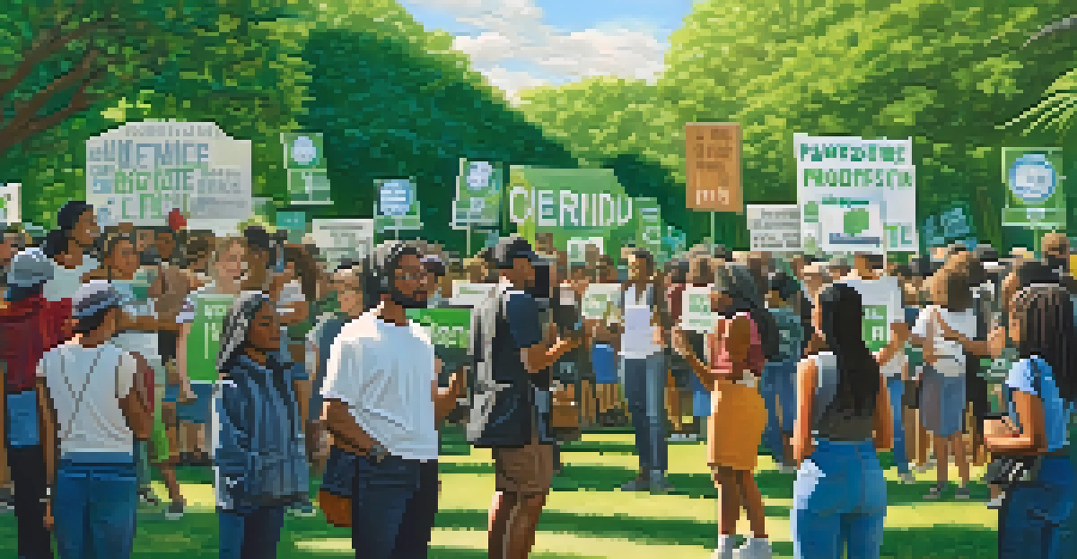 Environmental activists participating in a peaceful protest, holding signs made from recycled materials in a green urban setting.
