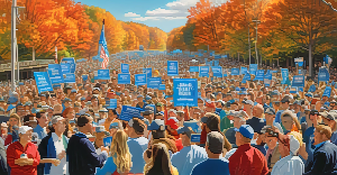 A lively political rally in Massachusetts with supporters holding signs among autumn trees and a clear sky.