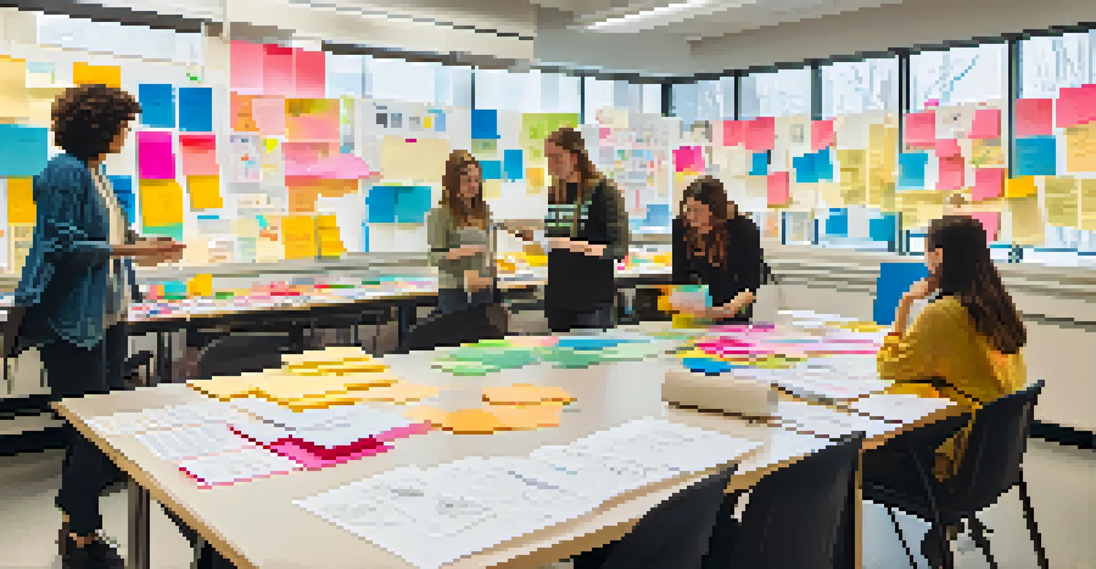 An interdisciplinary workshop with students discussing and brainstorming ideas in a bright, colorful environment.