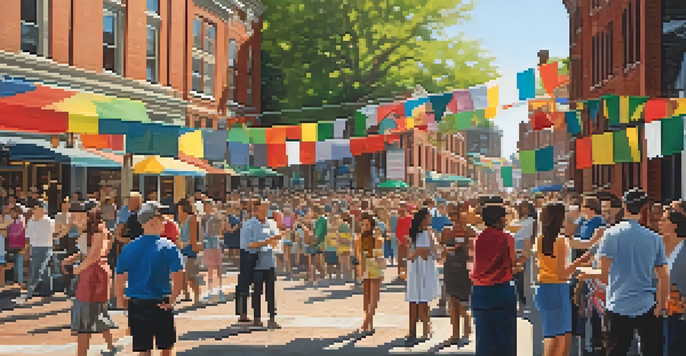 A lively street scene in Boston with people of various backgrounds celebrating a cultural event in front of historic brick buildings.