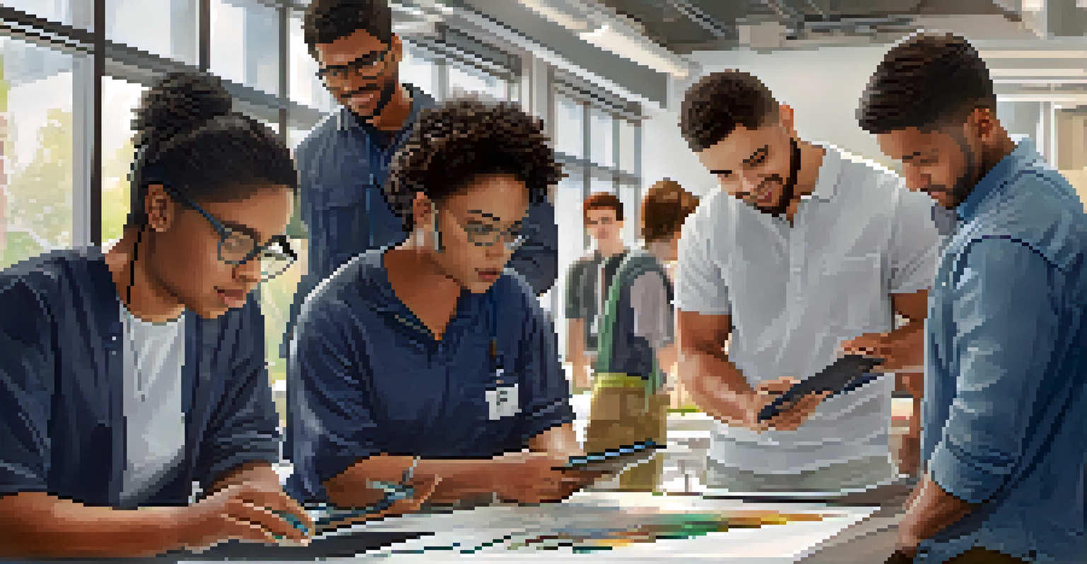 A collaborative workspace with students and industry professionals engaged in hands-on training, showcasing technology and teamwork.