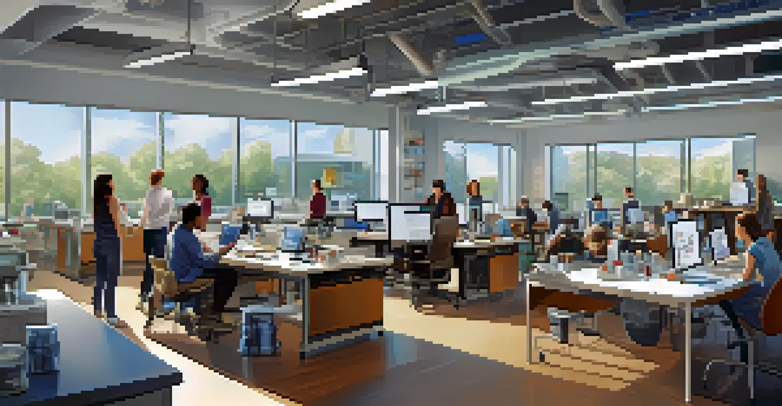 A research lab with graduate students collaborating on a project using advanced technology and lab equipment.