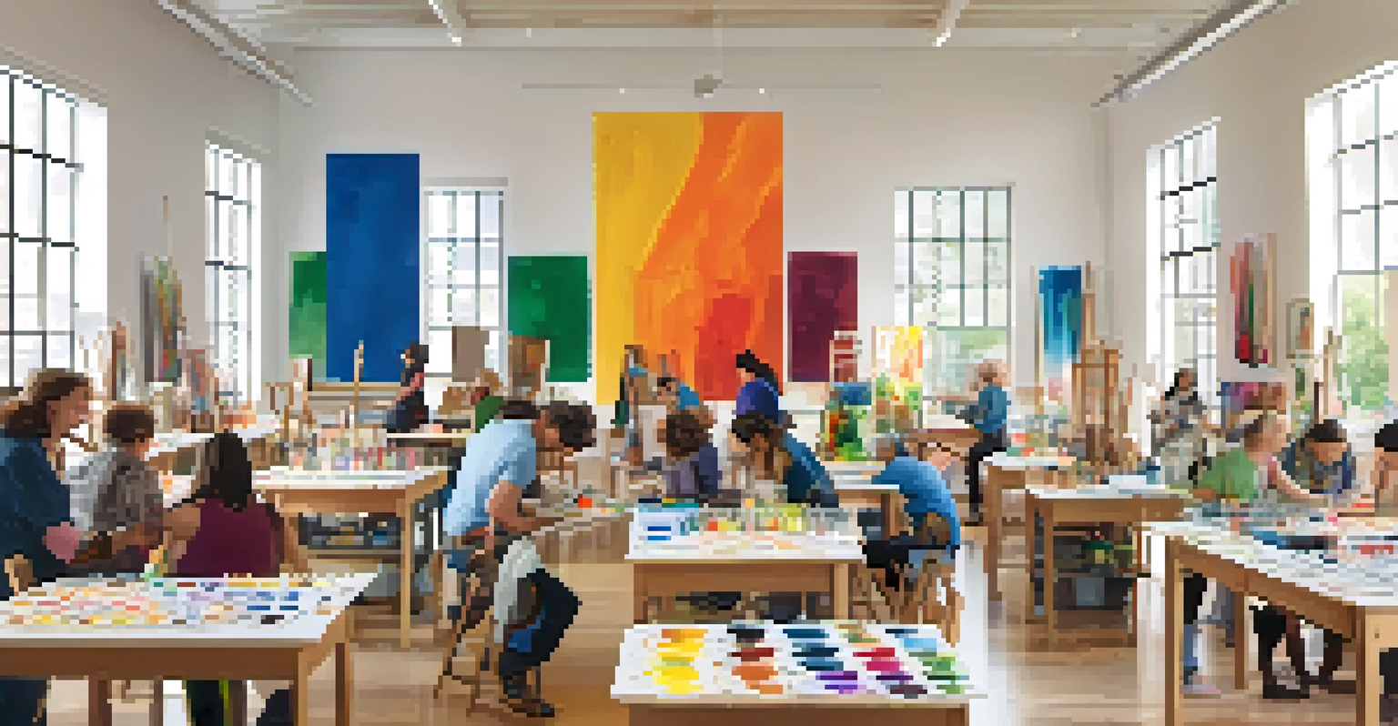 A lively community art workshop with diverse participants creating art, surrounded by colorful supplies and artwork.