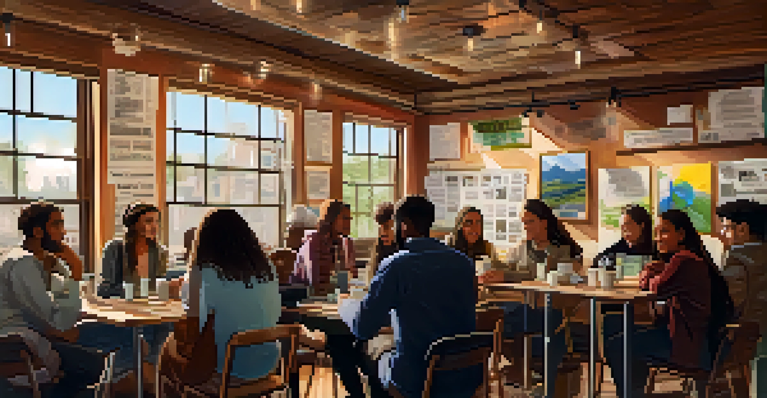 A community meeting in a cafe with young activists discussing climate action strategies, surrounded by notebooks and coffee cups.