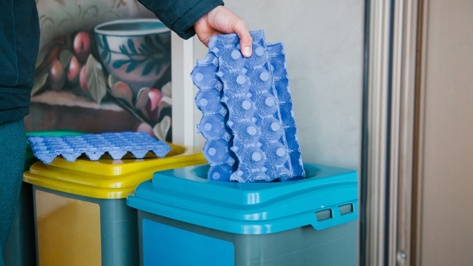 Recycling a blue egg carton box