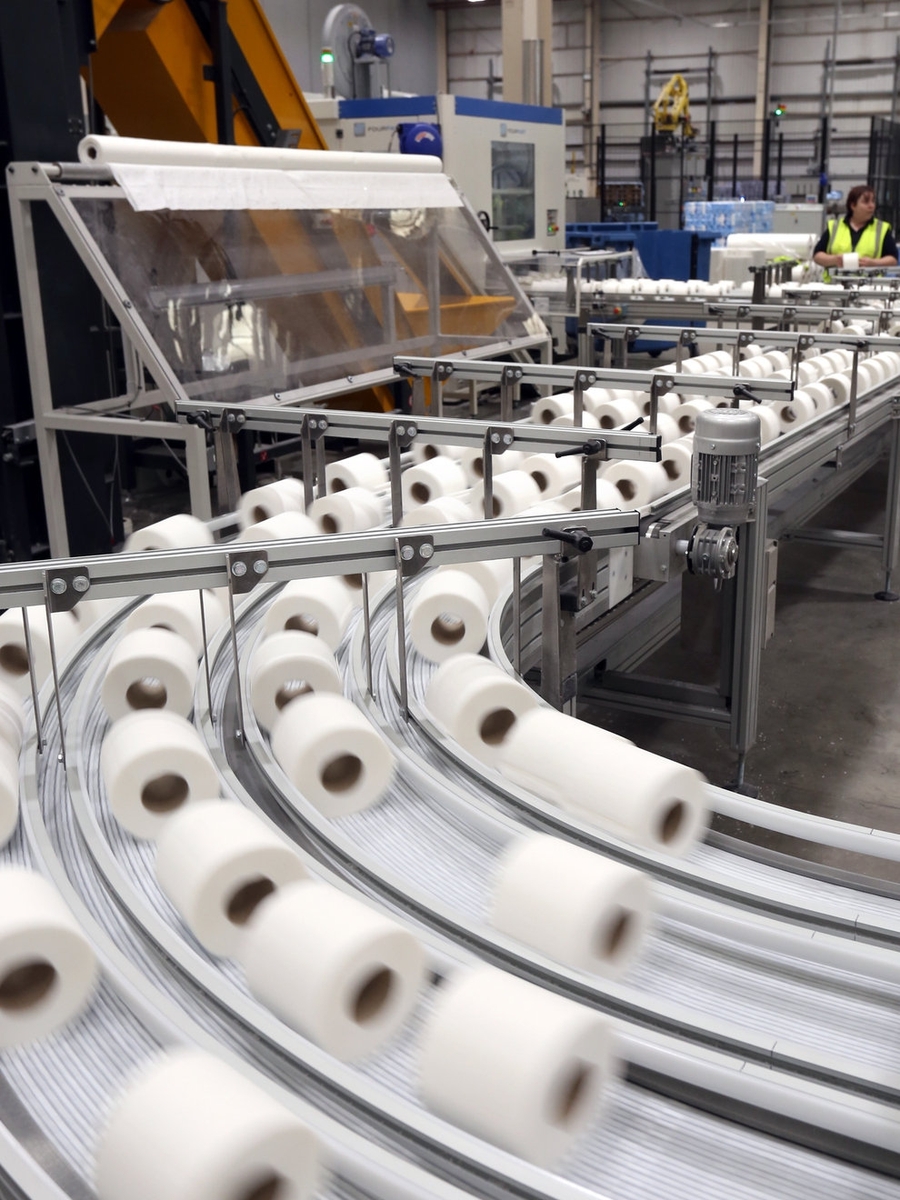 Rolls of toilet paper on a factory production line