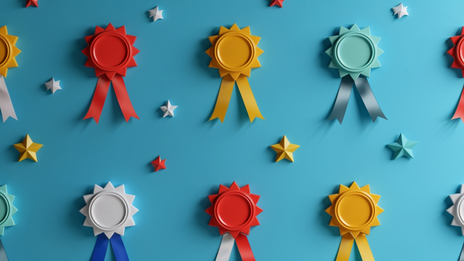 Rosette-style awards on a blue background