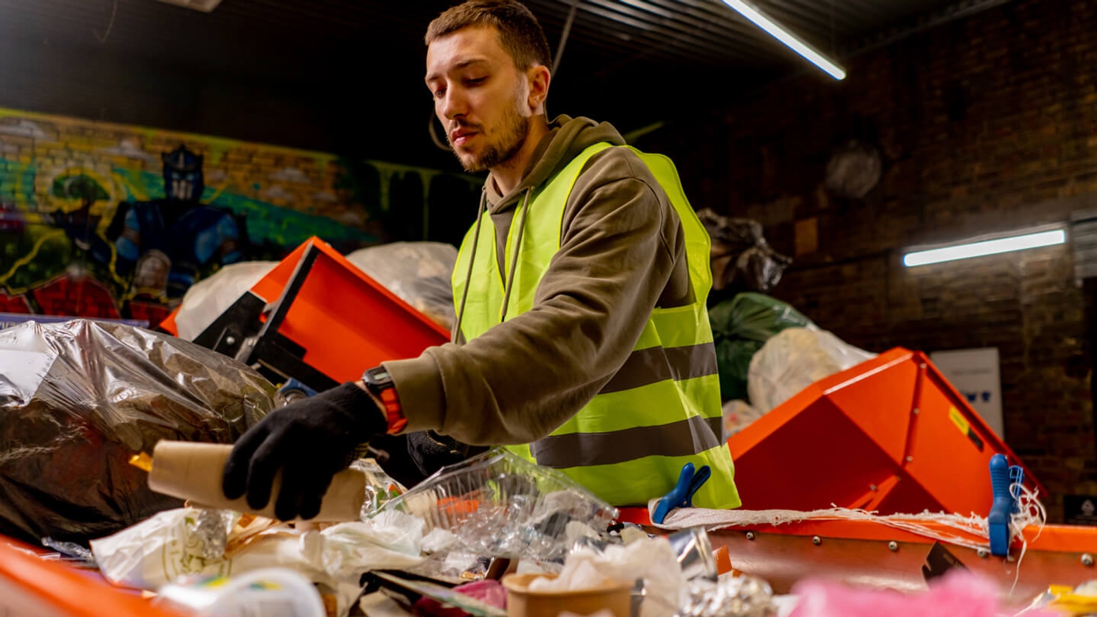 Worker at a recycling centre processing waste