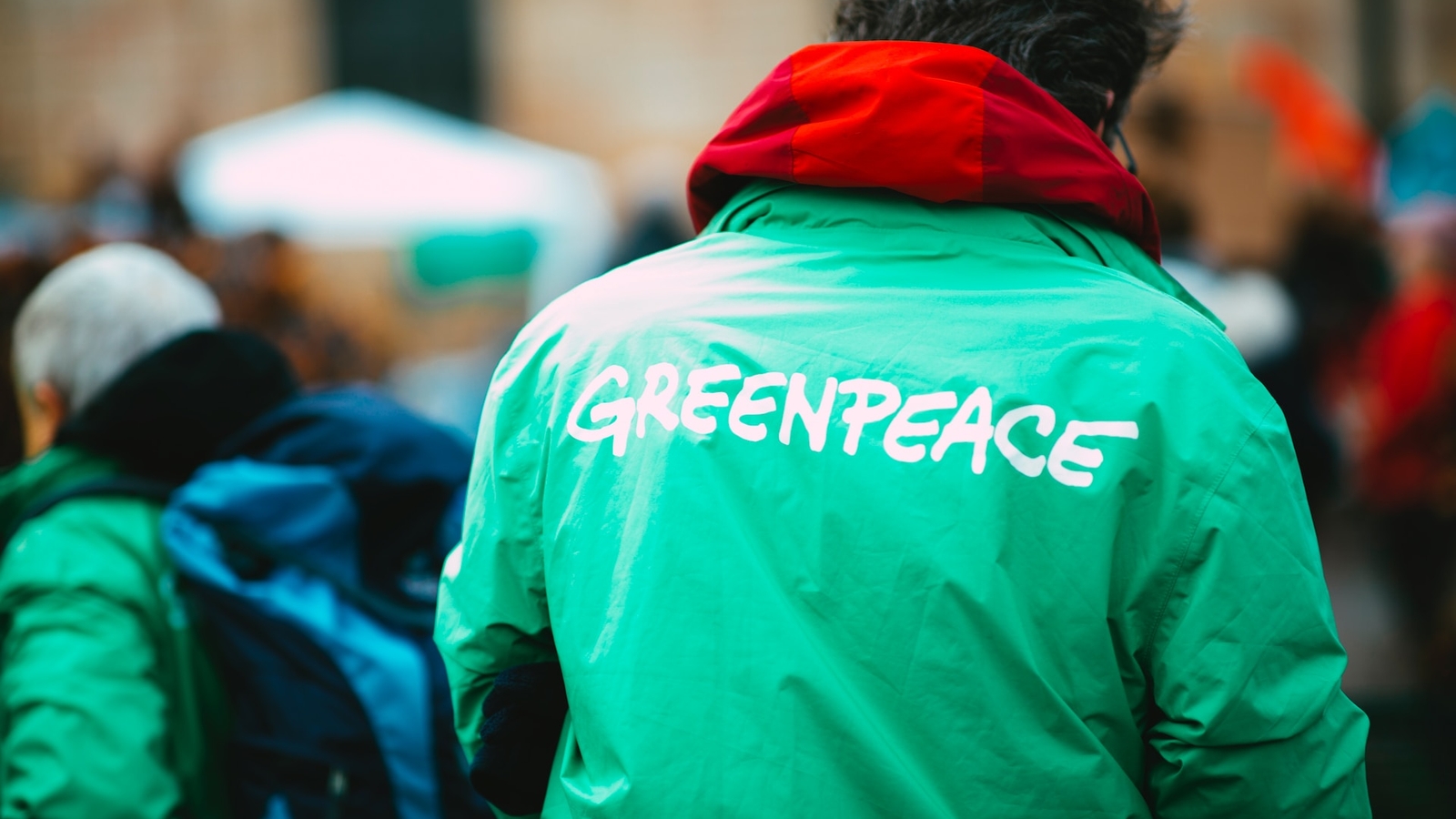 Someone wearing a green Greenpeace jacket on the street