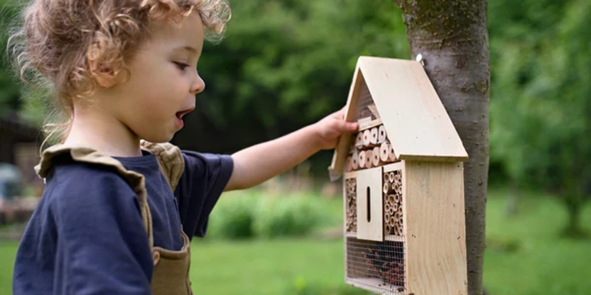Child playing with insect hotel
