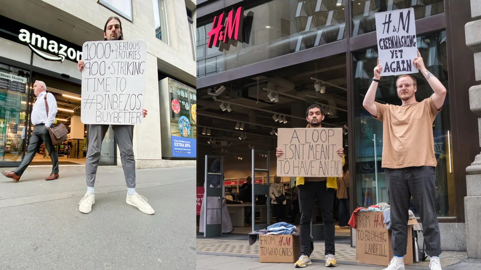Two images showing people holding signs in front of Amazon and H&M stores