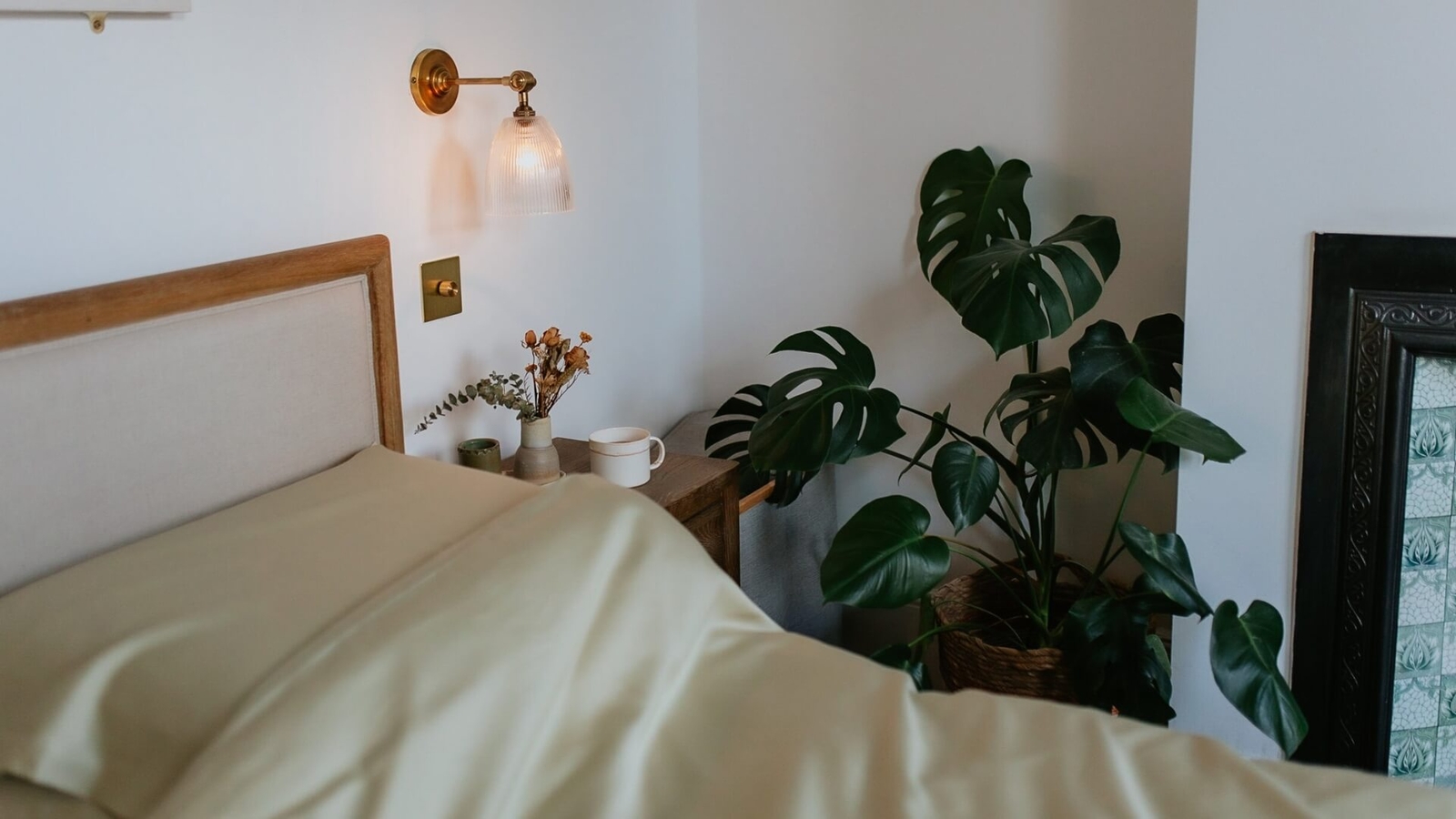 Cozy bedroom with a bed covered in light-colored sheets, a wooden nightstand, potted plant, and a wall-mounted lamp