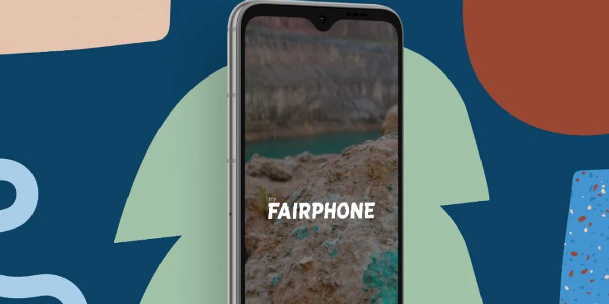 A Fairphone phone on a graphic background