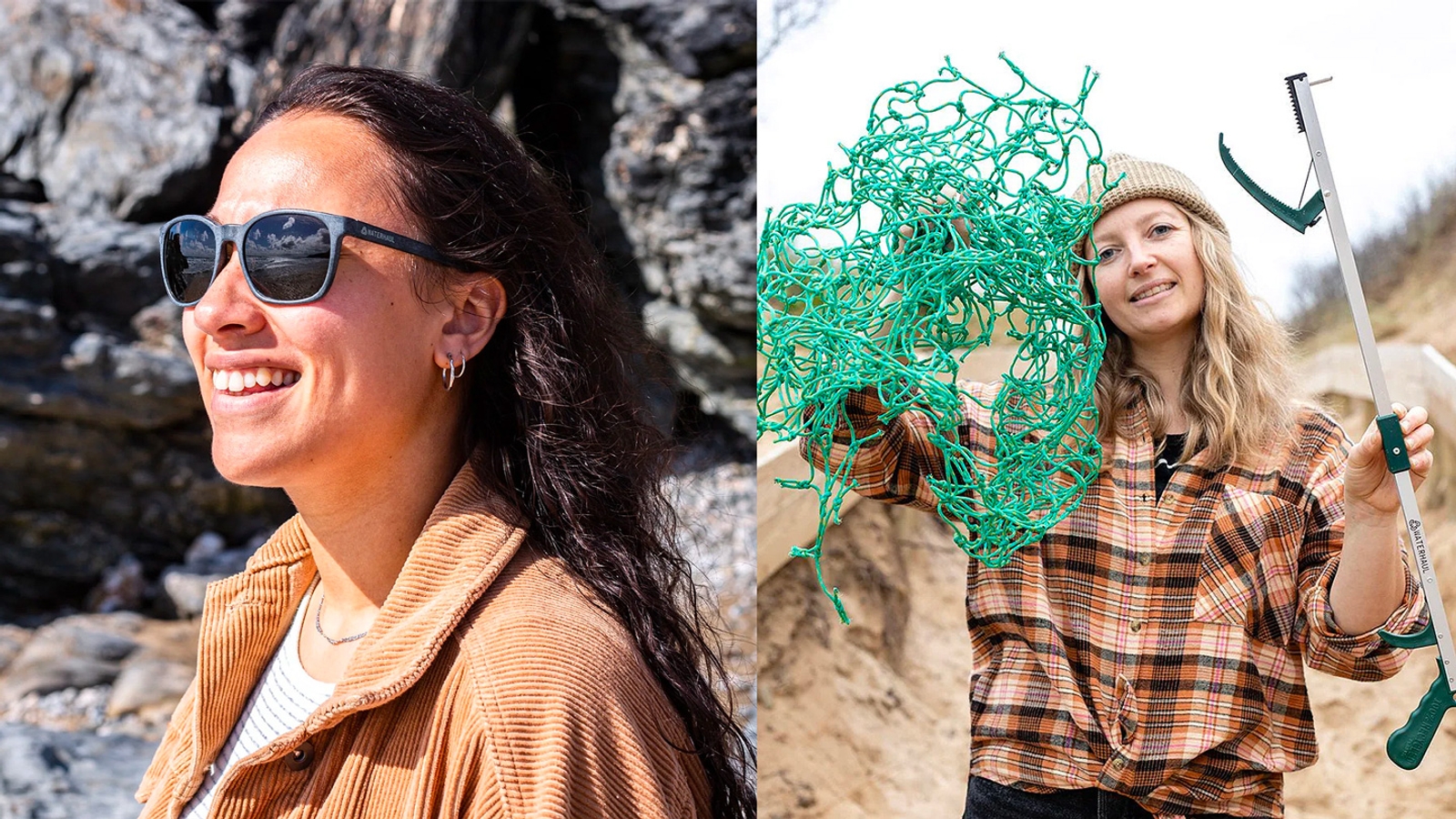 A model wearing a pair of dark Waterhaul sunglasses and a volunteer holding up green fishing nets on a beach