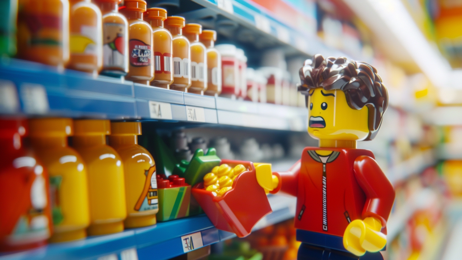 A LEGO man confused, looking at a supermarket shelf