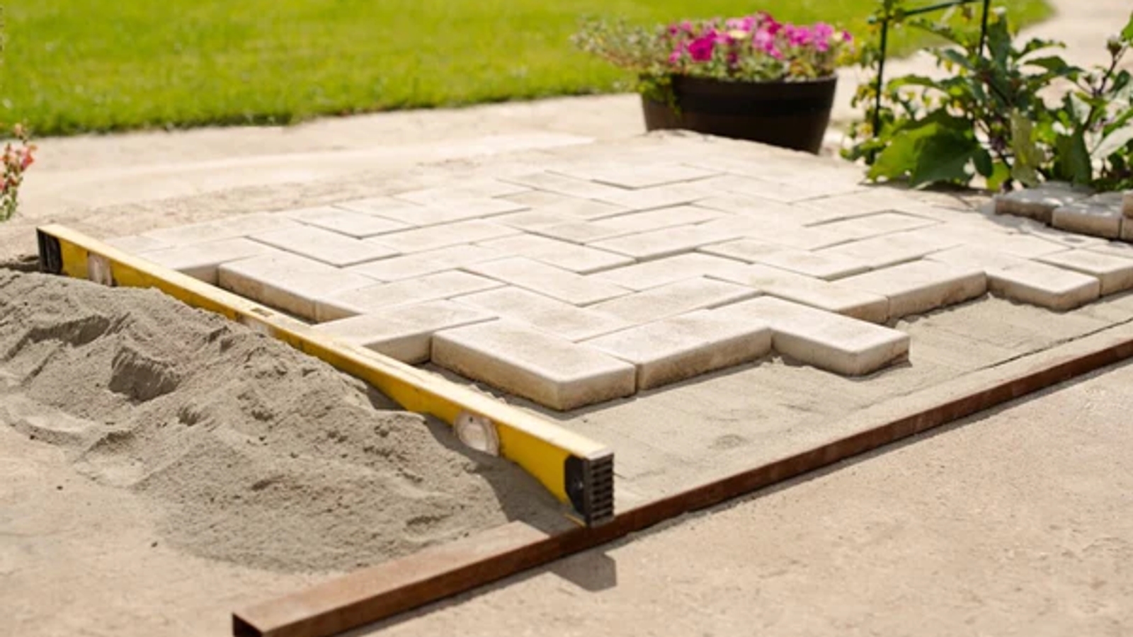 Paving slabs being laid in a garden