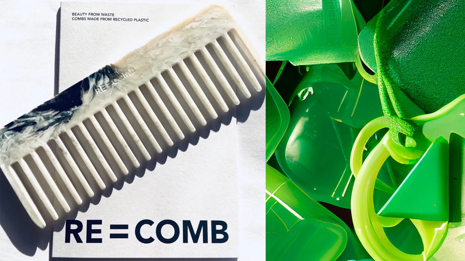 A Re=Comb comb next to green pieces of plastic