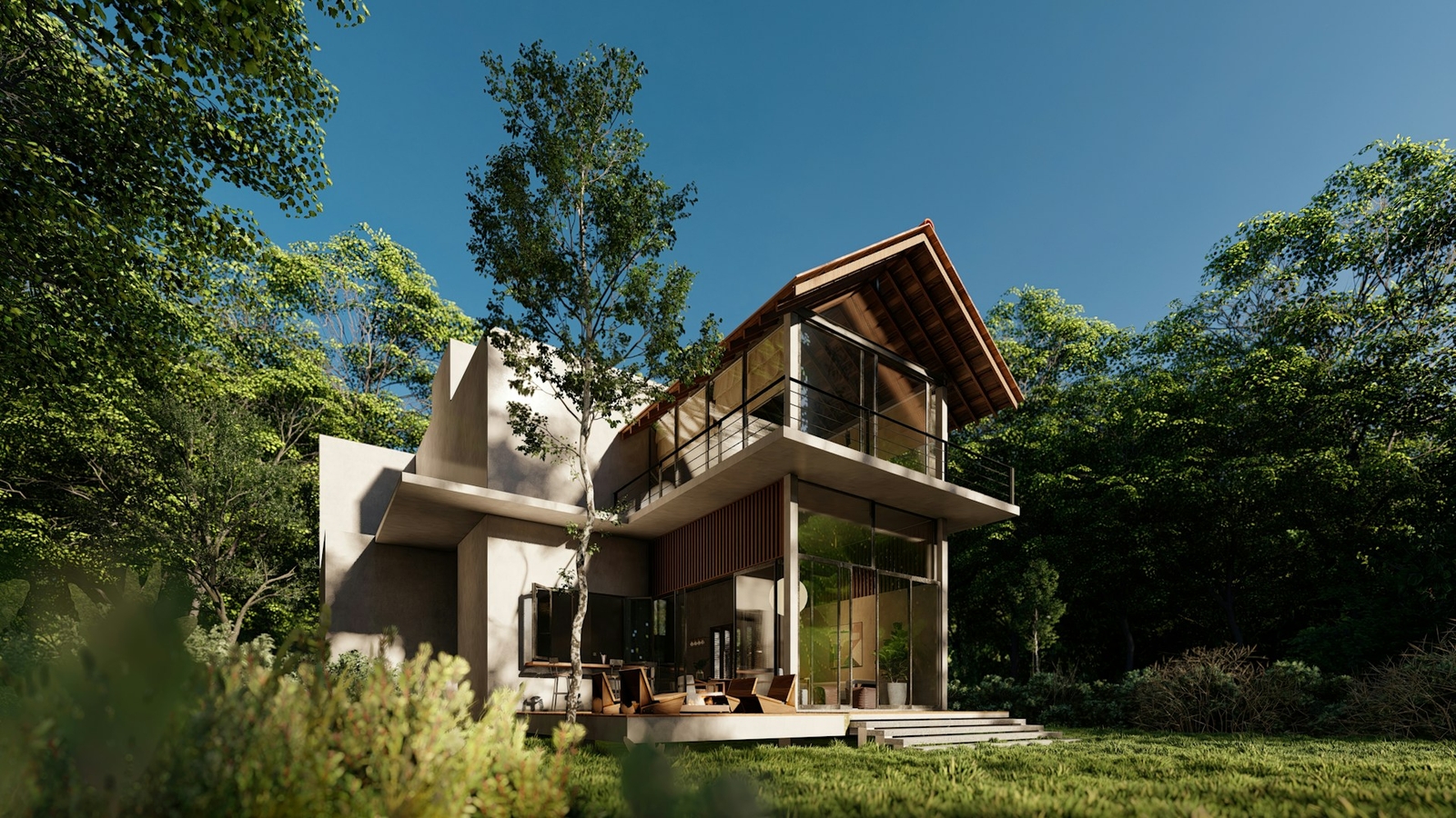 A modern house design set in amongst trees