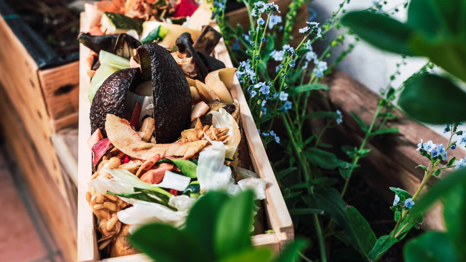 A wooden crate filled with compostable food scraps like vegetable peels and fruit remnants, placed in a garden, signifying organic waste recycling.