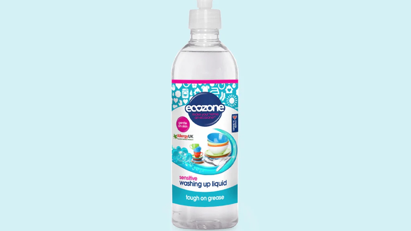 A bottle of ecozone washing up liquid on a light blue background