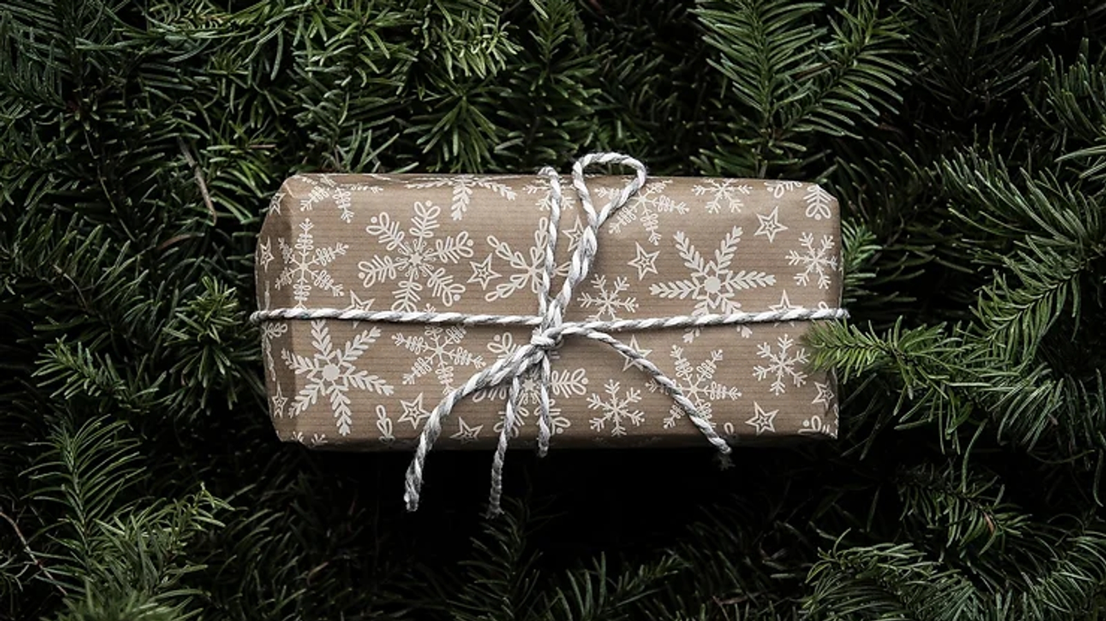 A present wrapped in brown paper with a natural twine tied in a bow, sat on top of some evergreen leaves