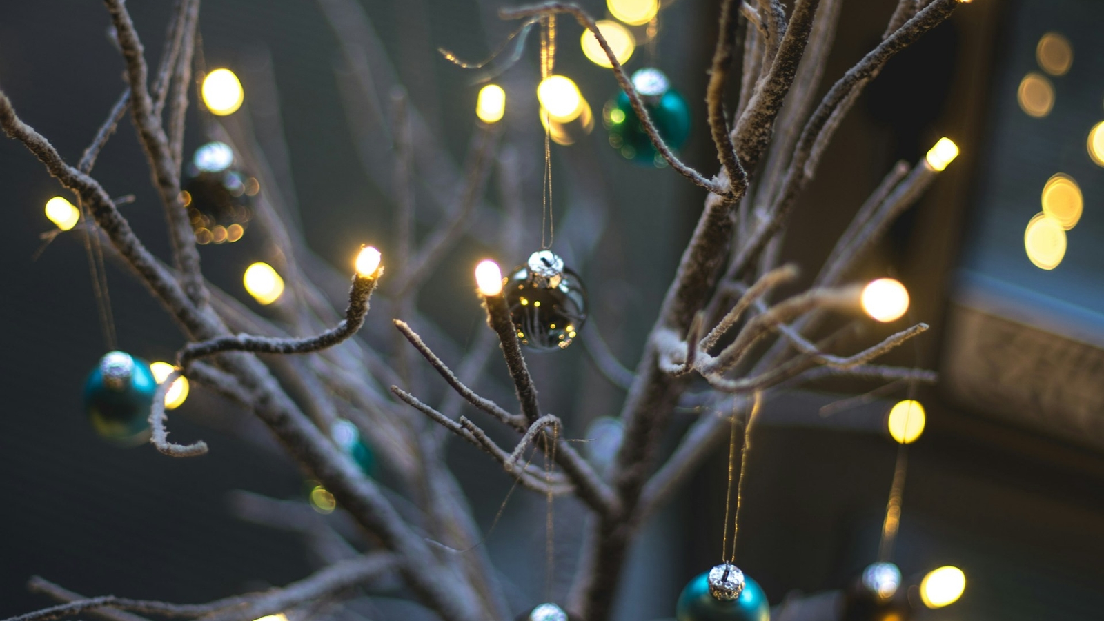 A set of LED christmas lights and baubles hanging on a branch