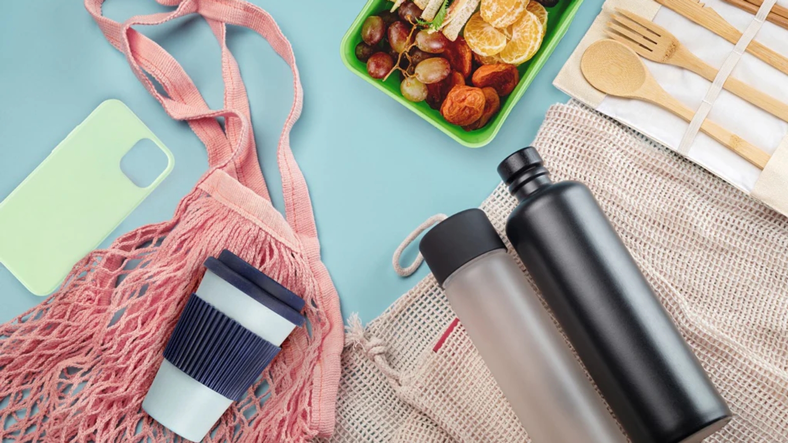 A variety of products including water bottles, coffee cups and a lunchbox
