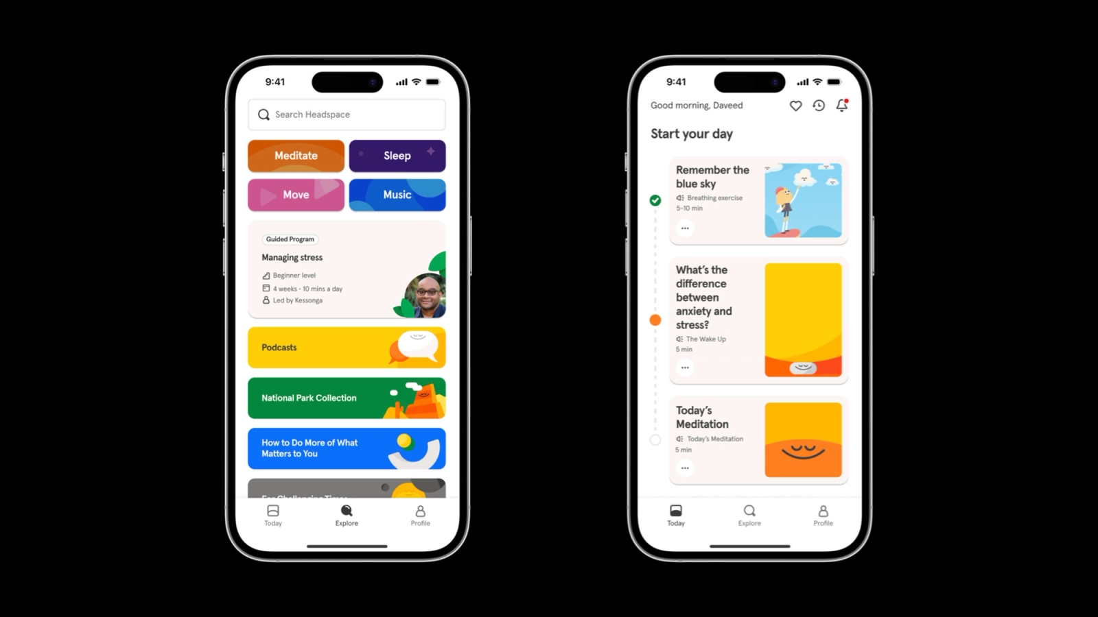 Two mockups of the Headspace mental health app on an iPhone