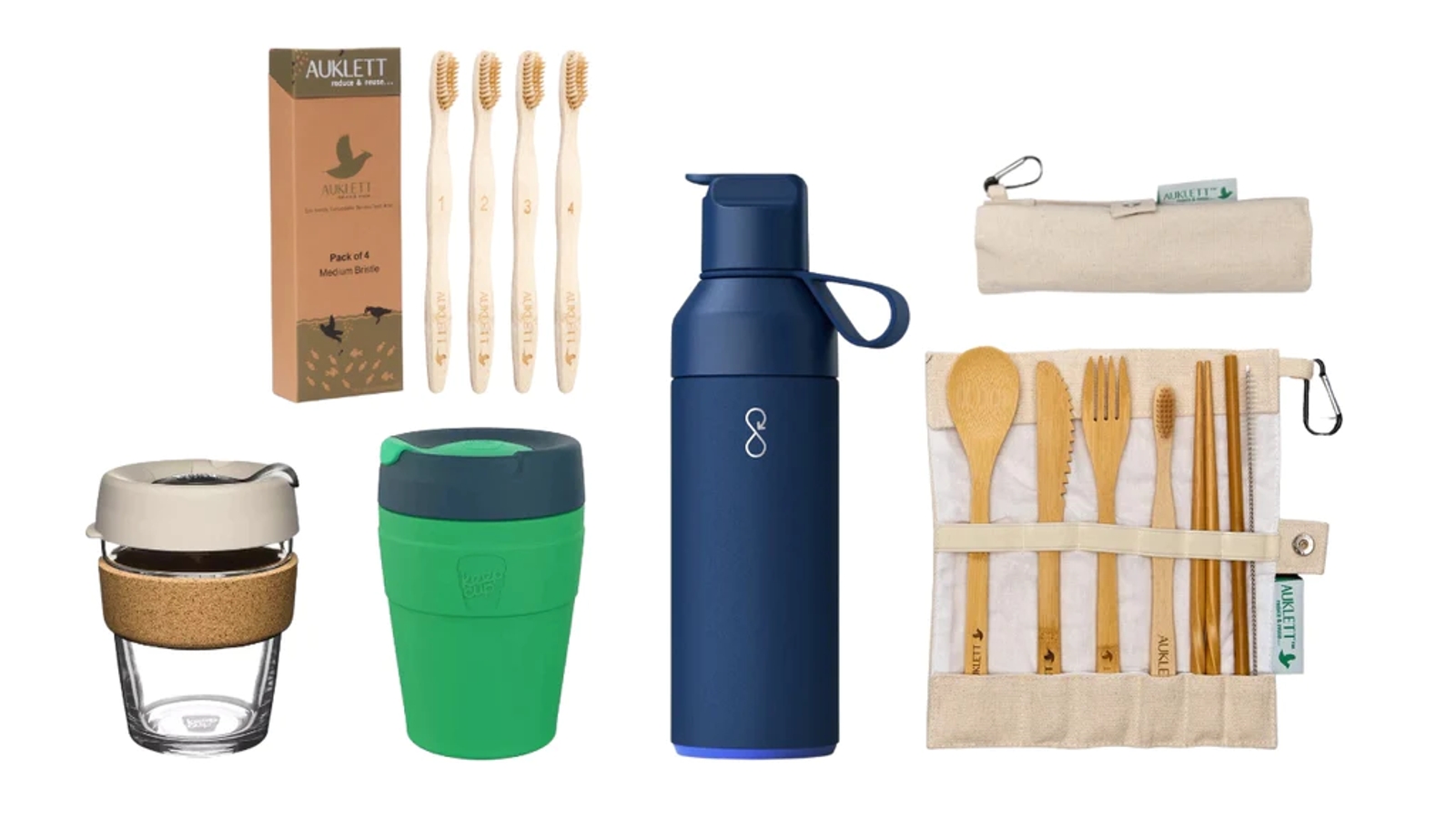 A group of products including Ocean Bottle, KeepCup and Auklett cutlery